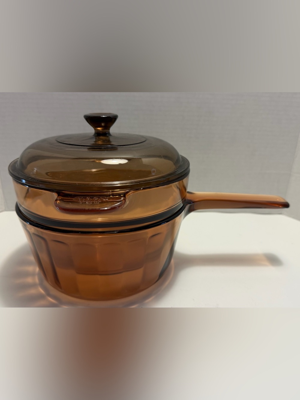 Vintage Corning VISION France Amber Glass Double Boiler 1.5L Pan + Insert + Lid